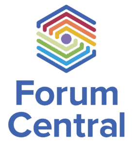 logo of Forum Central, a hexagon made up of concentric lines of rainbow colours