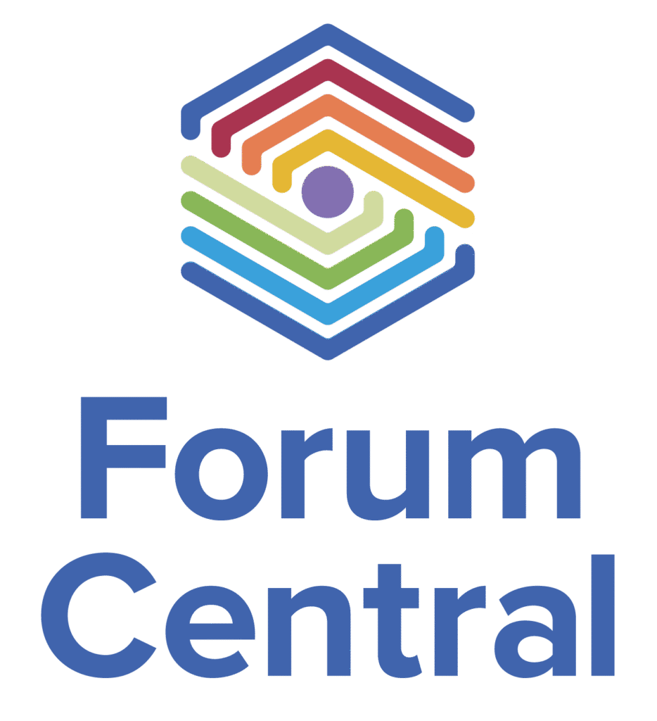 logo of Forum Central, a hexagon made up of concentric lines of rainbow colours