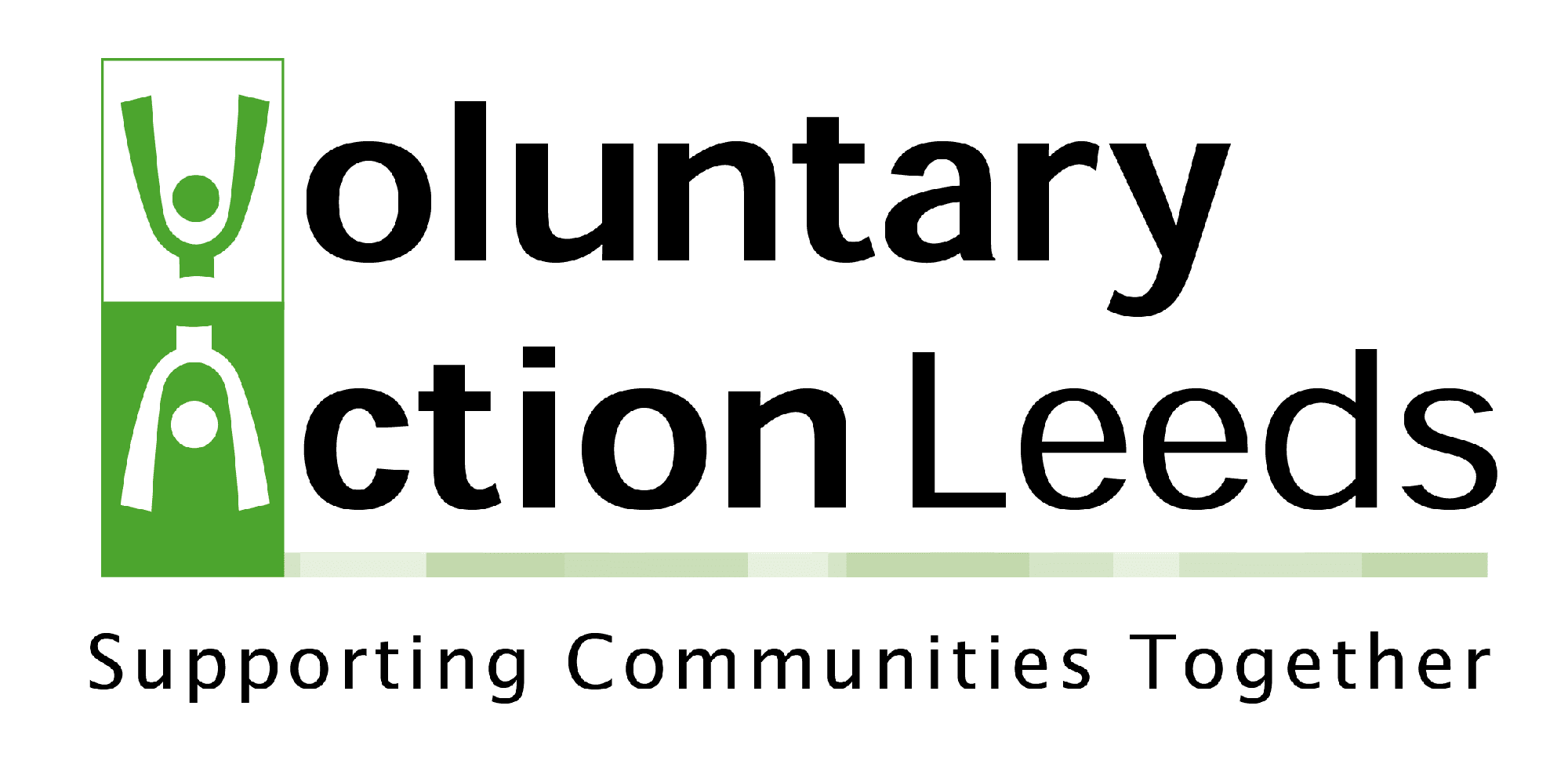logo of Voluntary Action Leeds, green is the main colour and the V and A resemble the out strecthed arms of a person