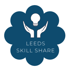Leeds Skill Share logo: two hands hold a light bulb over “LEEDS SKILL SHARE” on a blue flower shape, for volunteering in Leeds.