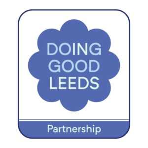 Doing Good Leeds blue flower logo with "Partnership" bar, representing charity and volunteering work in Leeds.