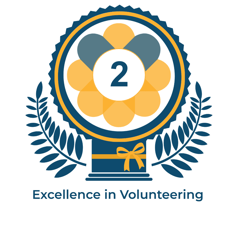 Award badge with number 2, ribbon and laurel, for Leeds Volunteering Excellence in Volunteering, Doing Good Leeds recognition.